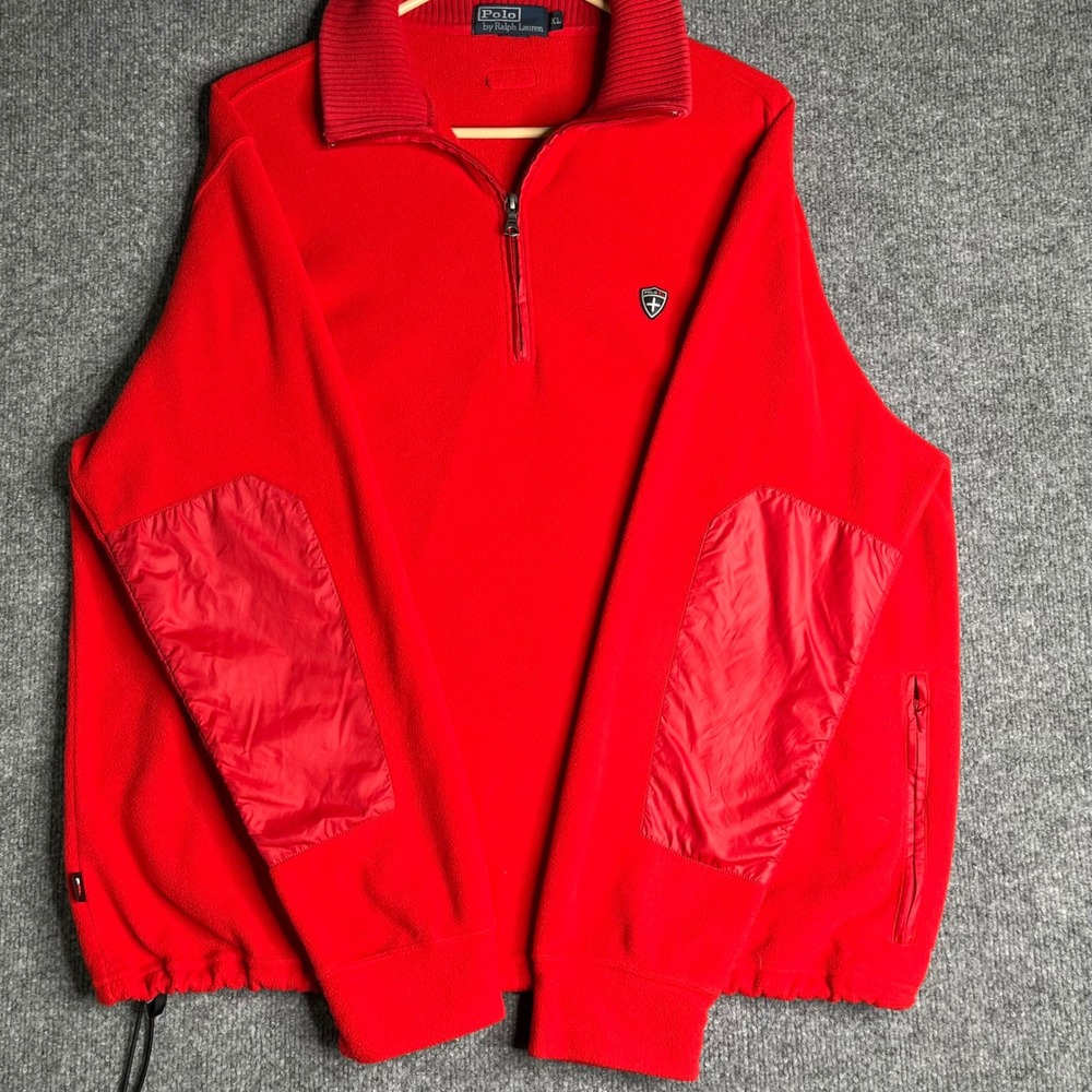 Polo Ralph Lauren Mens XL Red Fleece Quarter Zip Pullover Elbow Patches Logo VTG - Picture 3 of 8